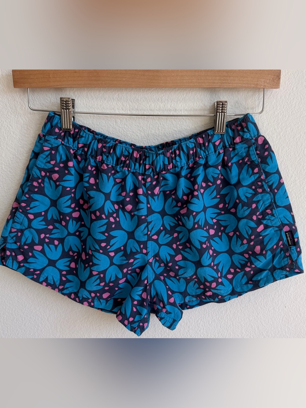 Patagonia Navy Athletic Shorts with Teal Floral and Pink Accents